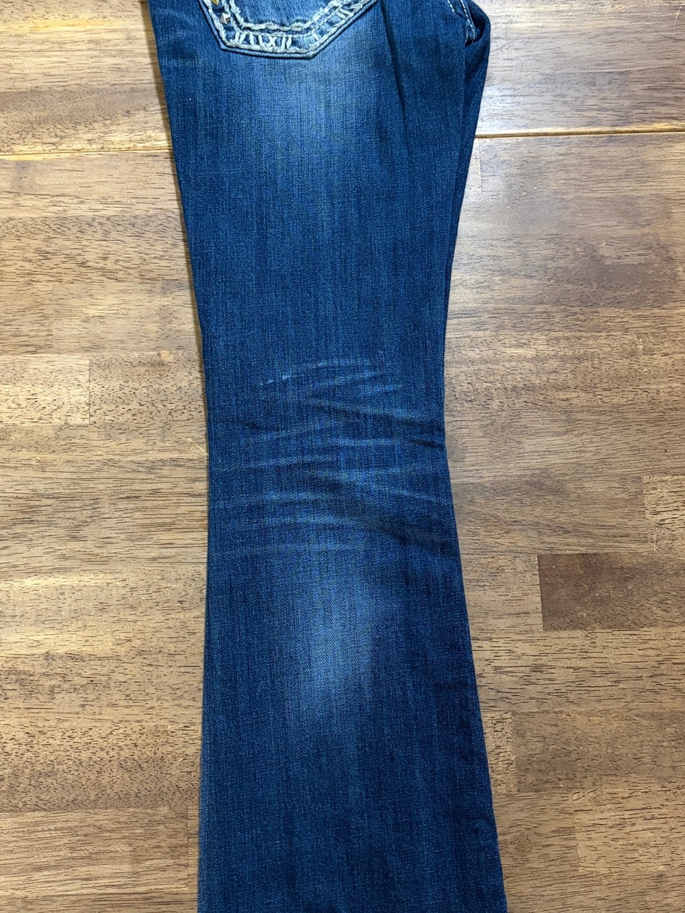 Miss Me Dark Blue Flare Jeans with Faded Whiskering